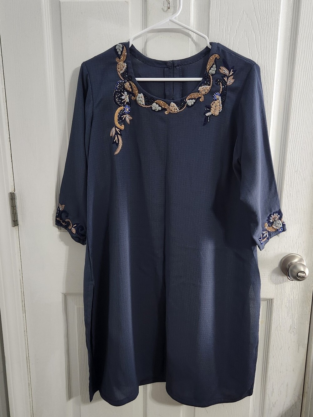 Blue woven 3/4 sleeve Kurti tunic intricate beading lightweight embellished MED